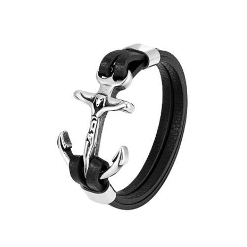 BLACK LEATHER ANCHOR BRACELET